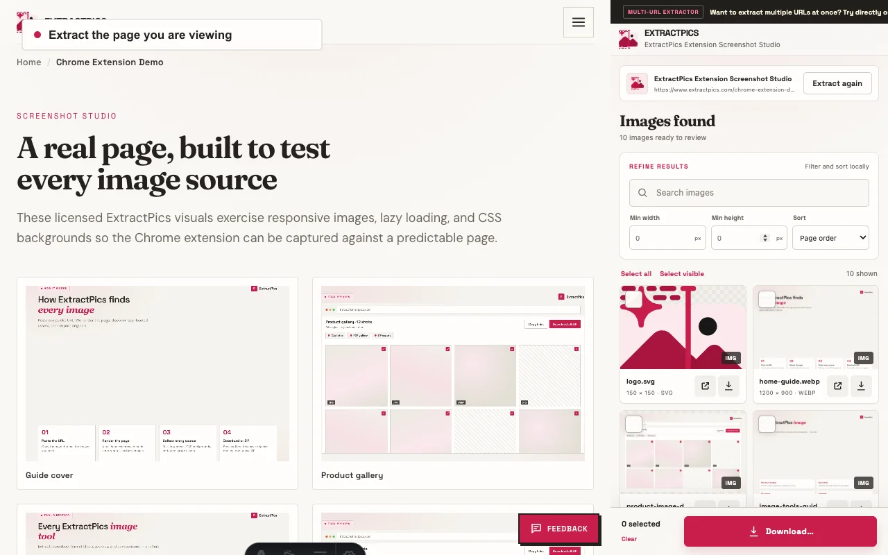 ExtractPics Chrome extension gallery in a side panel