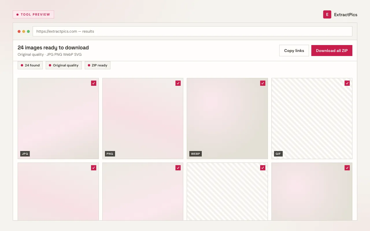 ExtractPics image extractor results panel showing a grid of website images ready to download